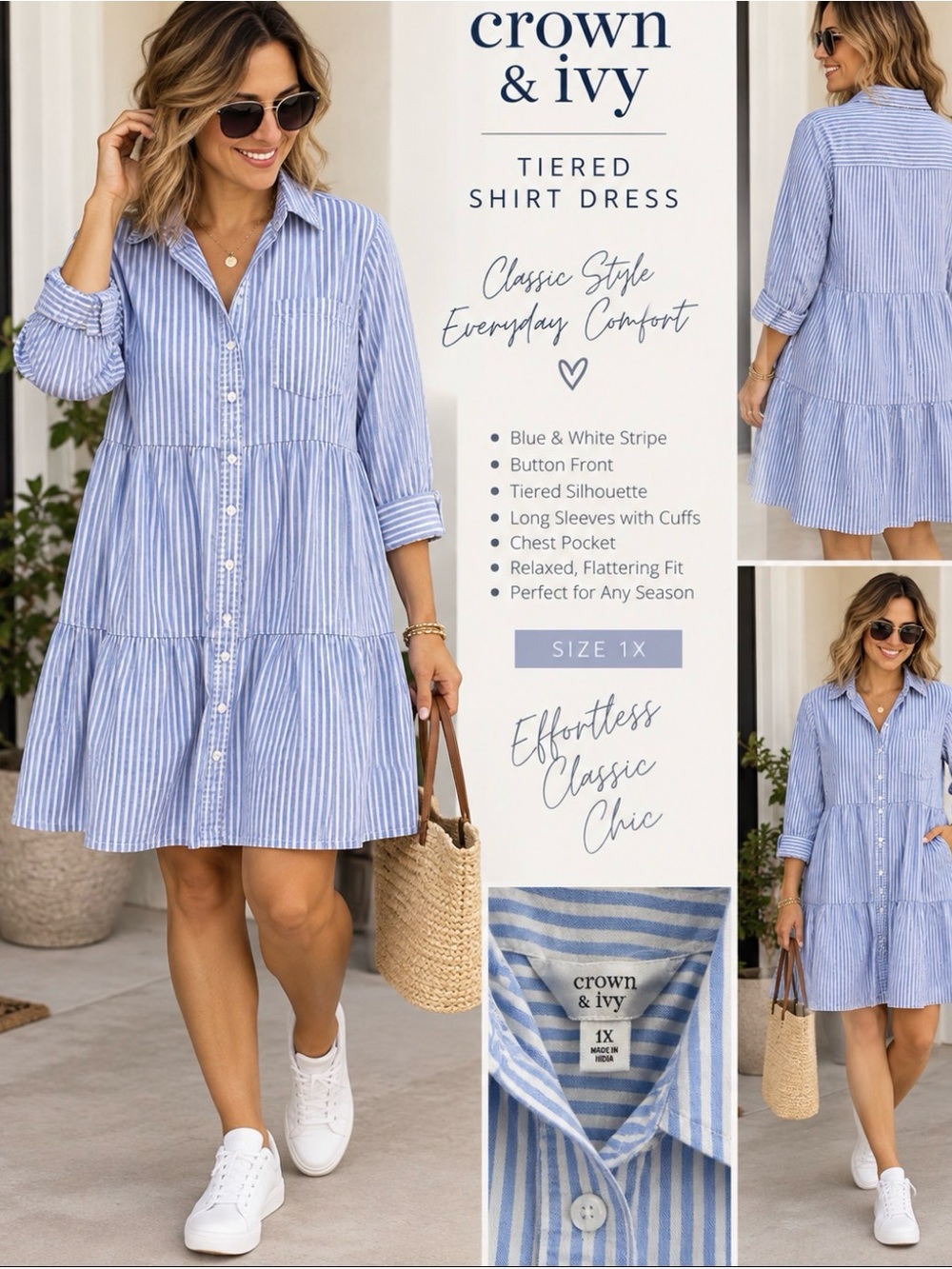 crown & ivy Blue and White Striped Tiered Shirt Dress
